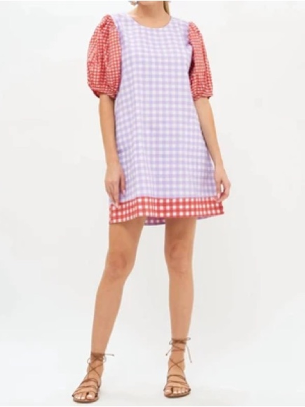 Oliphant Gingham Puff Sleeve Mini Dress M Purple Orange Cotton Poplin